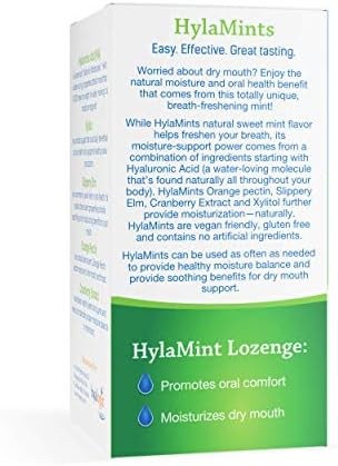 Hyalogic HyaMints Breath Mints for Dry Mouth- Sugar Free Mint Flavor— Natural Breath Freshener w/Hyaluronic Acid, Cranberry Extract, Xylitol, Slippery Elm, Orange Pectin (60 Count)