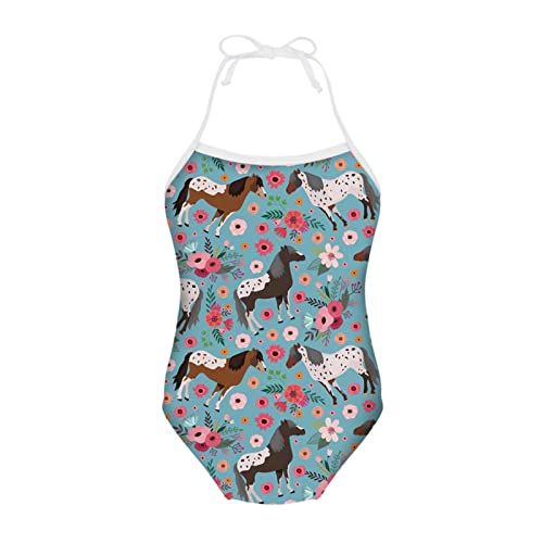 HUGS IDEA One Piece Horse Flower Swimwear Sleeveless Halter Bathing Suit Beach Sport Swimsuit for Little Girls Toddler Kids