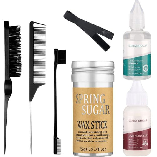 Lace Glue Kit, Strong Hold Wig Glue for Front Lace Wig, Wig Installation Kit Includes Lace Front Glue, Wig Glue Remover, Comb, Elastic Bands, Hair Wax Stick for Women