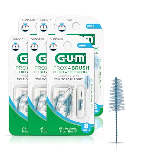 GUM Proxabrush Go-Betweens Refills - Wide - Compatible with GUM Permanent Handle - Reusable Interdental Brushes - Soft Bristled Dental Picks, 8ct(6pk)
