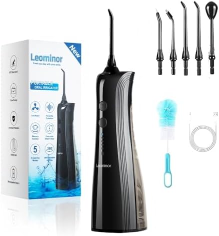Leominor Water Dental Flosser - 5 Modes Cordless Portable Oral Irrigator, IPX7 Waterproof, Rechargeable Teeth Cleaner Upgrade Datchable Tank Professional Flossing Cleaning Pick for Home Travel (Black)