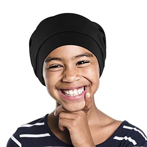 Kids Beanie Sleep Hats Bonnet for Night Sleeping Skull Cap to Keep Hair Smooth Adjustable Black