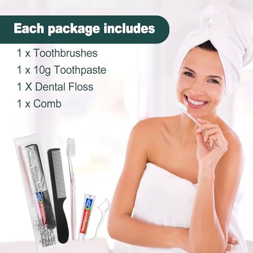 200pcs Disposable Toothbrushes with Toothpaste and Comb Floss Individually Wrapped, 4-in-1 Bulk Toothbrush Kit with 2 Color Toothbrush,10g Toothpaste,7 inch Comb, Floss Pick