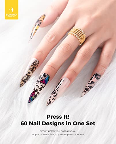 BURANO Nail Art Foil Glue Gel, 15ML 2 Bottles with 60PCS Foils Sticker, Nails Designer Adhesive Transfer Art UV LED Lamp Required