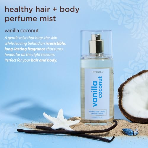 LAVANILA Vanilla Coconut Healthy Hair + Body Perfume Mist, 5 Fl Oz - Sweet & Tropical Fragrance Spray Formulated with Jojoba Oil, Madagascar Vanilla, Coconut, Tahitian Tiare Flower