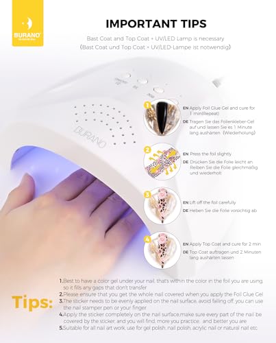 BURANO Nail Art Foil Glue Gel, 15ML 2 Bottles with 60PCS Foils Sticker, Nails Designer Adhesive Transfer Art UV LED Lamp Required