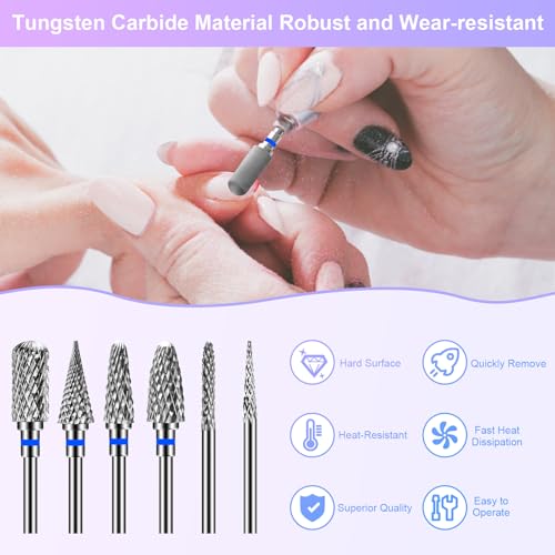 CGBE Nail Drill Bits, 6 Piece Nail Drill Bit Grinding Heads Carbide Machine Accessories for Manicure Remove Acrylic or Hard Gel Polygel, 3/32 Inch Professional Bits for Nail Cutter - Medium