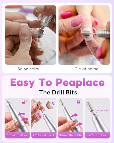 Cordless Nail Drill Professional: 45000 RPM Rechargeable Electric Nail File Kit, Portable & Low Noise for Acrylic, Gel Nails, Manicure & Pedicure - Salon & Home Use