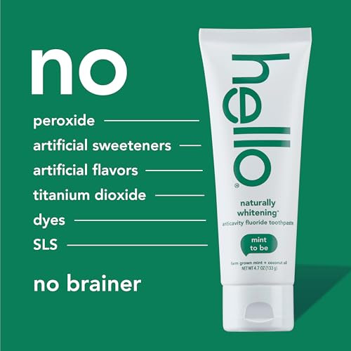 Hello Naturally Whitening Fluoride Toothpaste, Natural Whitening Toothpaste with Coconut Oil and Tea Tree Oil, Tames Bad Breath, Helps Moisturize, and Fights Cavities, Mint, 3 Pack, 4.7 Oz Tubes