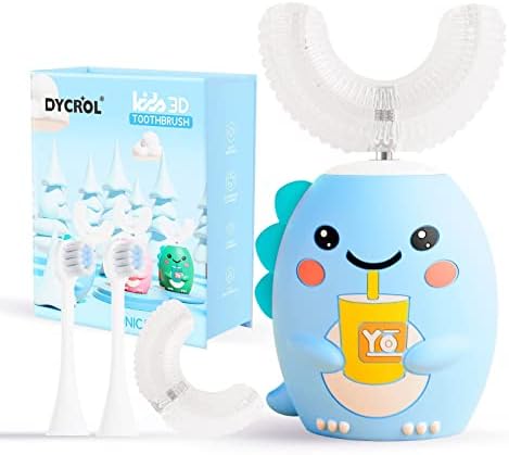 Kids U Shaped Electric Toothbrush with 4 Brush Heads, Sonic Toothbrush Kids with 5 Modes, Cartoon Dinosaur 360-Degree Cleaning IPX7 Waterproof Design (2-6 Age (Blue))