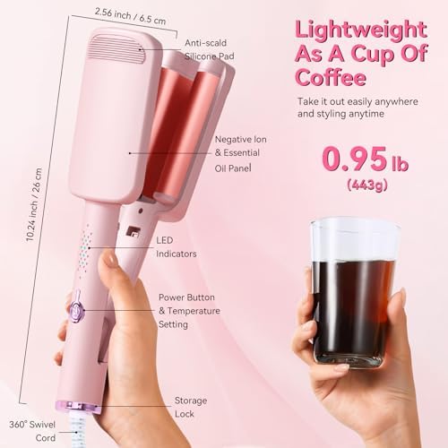 Curling Iron Hair Crimper Waver - CHIKYO 3 Barrel Rovy Wave Curling Iron, 1.25 Inch Ionic Beach Waves Curling Wand, Deep Waver Hair Curler Hot Tool with Ceramic for Women, Dual Voltage, Easy to Use