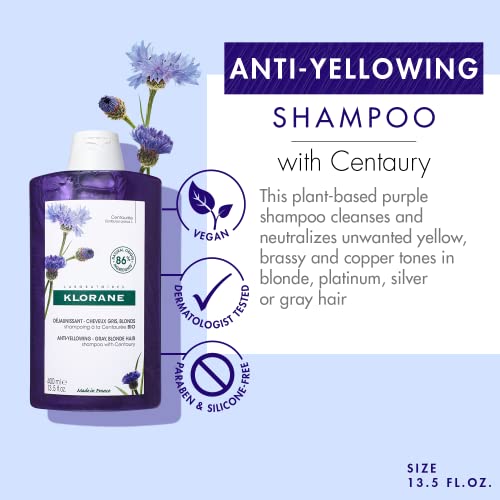Klorane Shampoo with Centaury - Brightens Blonde, Platinum, Silver, Gray or White Hair - Neutralizes Unwanted Yellow, Brassy, and Copper Tones - Paraben, Silicone and Sulfate-Free - 13.5 fl. oz.
