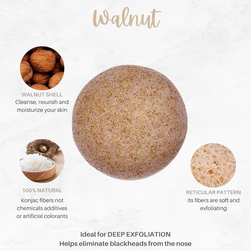 Konjac Sponge - Walnut Shell- Deep and Gentle Exfoliation - Remove blackheads - Premium Quality