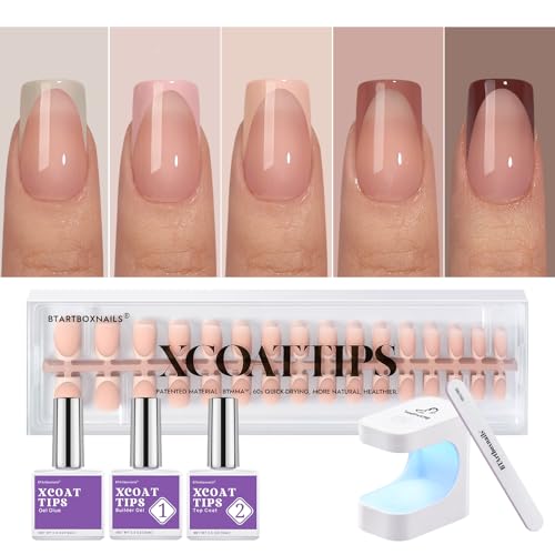BTArtboxnails XCOATTIPS French Tip Press on Nails - Skin Tones Short Press On Nails Square, Soft Gel Nail Tips with Nail Gel, French Protecting Duo, Nail Lamp, All in One Fake Nail Extension Kit