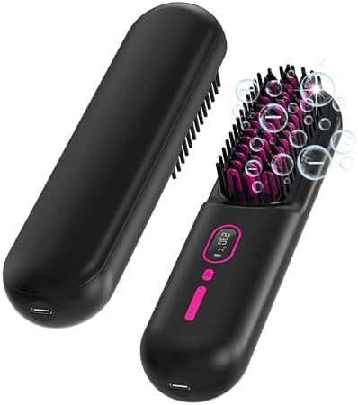 Cordless Hair Straightener Brush - [200M Negative Ions] Portable Straightening Brush for Women, USB Rechargeable, Anti-Scald, Fast Heating Mini Straightener Comb for Travel Car Outdoor, Black