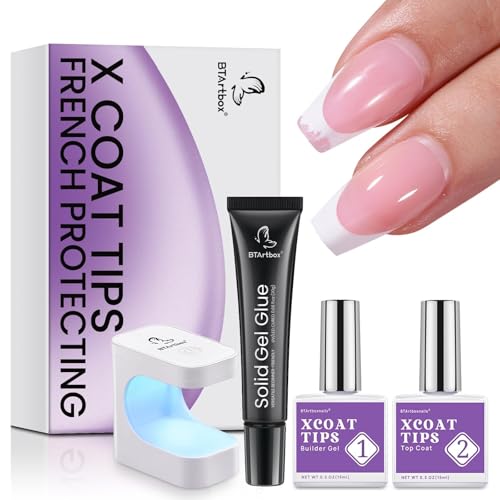 BTArtbox XCOATTIPS Builder Gel and Top Coat Set - 20g Solid Gel Glue with Portable Nail Lamp, No More French Tips Chipping, Long Lasting 30+Days French Protection Duo Nail Extension Tool