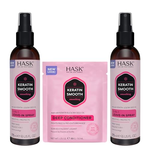 HASK Keratin 5-in-1 Leave-In Conditioner Duo (6oz-Qty 2) & Keratin Deep Conditioner Packette, Color Safe, Sulfate-Free, Paraben-Free, Gluten-Free, for All Hair Types