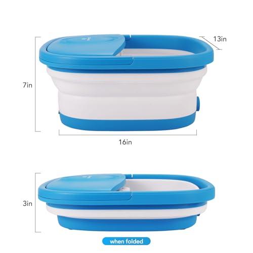 Collapsible Foot Spa Bath Massager with Heat-Maintaining, Bubbles, Red Light, 8 Shiatsu Massage Rollers, A Double-Sided Foot File for Stress Relief & Soft Feet, Space-Saving Feet Soaker, Blue