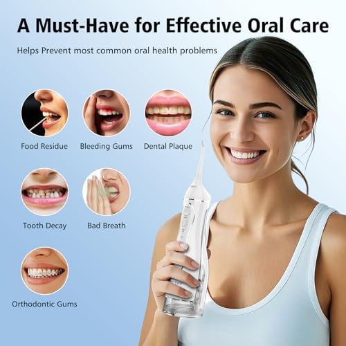 Leominor Water Dental Flosser Pick for Teeth, 300ML Portable Oral Irrigator Upgraded Tank Removable,IPX7 Waterproof, Rechargeable Travel Teeth Cleaner, Professional Electric Flossing (White)
