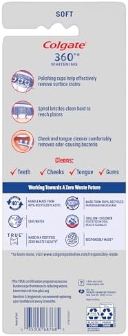Colgate 360 Optic White Whitening Toothbrush, Adult Soft Toothbrush with Whitening Cups, Helps Whiten Teeth and Removes Odor Causing Bacteria, 4 Pack
