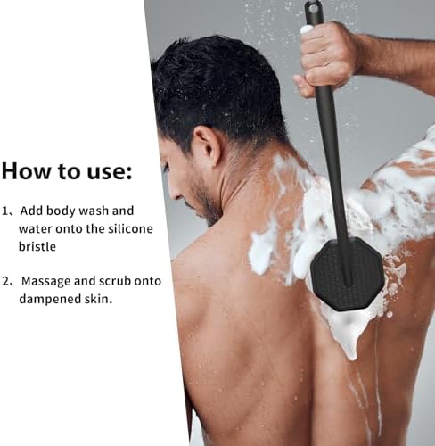 iTokGoK® Premium Silver-Infused Silicone Back Scrubber with Long Handle Back Brush for Shower,Back Brush Long Handle for Men and Women,Ergonomic No-Slip Handle, Long-Lasting (Black)
