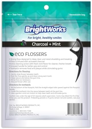 Brightworks ECO Sustainable Floss Picks - 225 Count - PFAS Free - Made in USA Charcoal + Mint Infused 100% Post-Consumer Recycled Plastic with Micro-Crystals for Oral Care Hygiene Gum Health