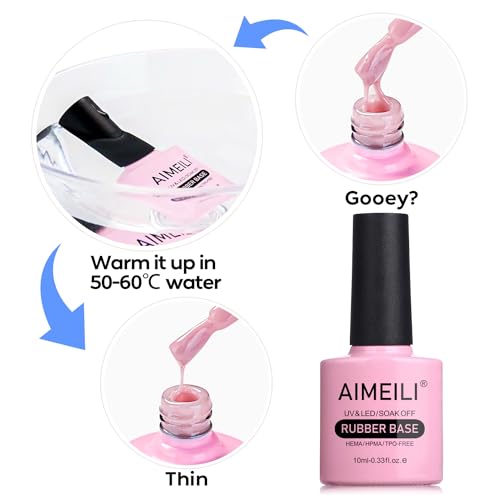 AIMEILI Hema Free Rubber Base Gel For Nails, Soak Off U V LED Clear Sheer Gel Nail Polish, 4 in 1 Nail Strengthen/Enhance/Base Coat/Color Gel Polish Set Of 6pcs X 10ml - Kit 44