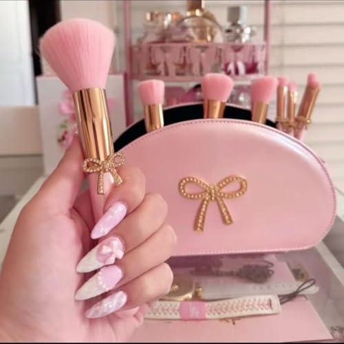 Bow Makeup Brush Set – 9-Piece - Pink bow makeup bag Coquette with Gold Bow & Storage Bag – Beginner Friendly makeup Brushes for Foundation, Contour & More