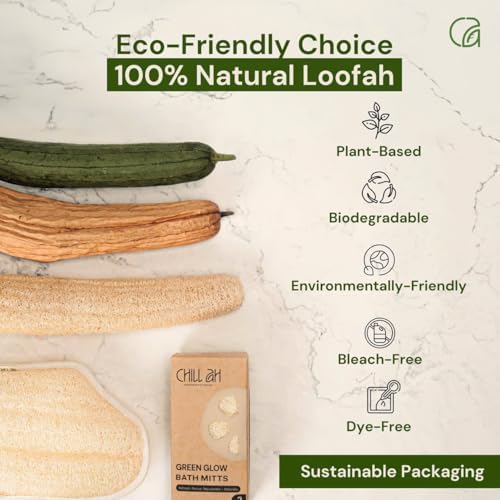 Chill Ah Green Glow Dual-Sided Loofah Bath Mitts (2-Pack) – 100% Plant-Based, Dye-Free, Biodegradable, Handcrafted in Vietnam – Natural Exfoliating Gloves for Glowing Skin