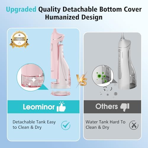 Leominor Water Dental Flosser Pick for Teeth, 300ML Portable Oral Irrigator Upgraded Tank Removable,IPX7 Waterproof, Rechargeable Travel Teeth Cleaner, Professional Electric Flossing (Pink)