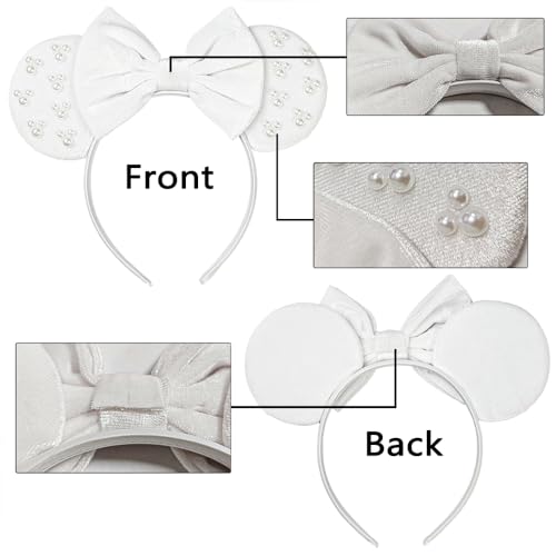 JIAHANG White Velvet Mouse Ears Hair Bow Headband with Pearls, Party Decoration Beadings Headwear for Women Girls(velvet white 04)