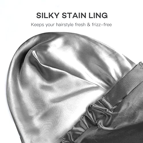 Large Reusable Waterproof Adjustable Shower Cap with Silk Satin Lined Luxury Shower Cap for Long Hair (Black)