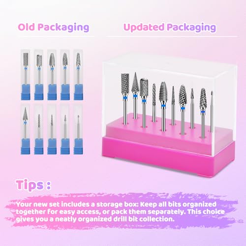 CGBE Nail Drill Bits Set: 10PCS Tungsten Carbide Nail Drill Bits for Acrylic Nails, 3/32'' Shank Professional Nail Bits for Nail Drill Cuticle Drill Bit for Home Salon Nail Enthusiasts Manicurist