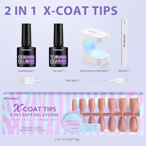 BTArtbox Almond Nail Tips - Brown Soft Gel Nail Kit with 150 pcs Medium Fake Nails, Gel Nail Glue, Top Coat, Nail Lamp, Pre-colored Press on Nails for Nail Art