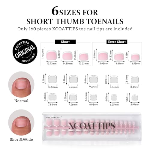 BTArtboxnails XCOATTIPS Toe Nail Tips - Short French Tip Press On Toenails, 160Pcs Pink Soft Gel Toe Nail Tips, Soak Off Fake Toe Nail Extensions