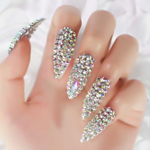Handmade Press on Nails Full Cover Luxurious 3D Crystal False Nails Super Extra Long Stiletto Diamonds Art Decoration Fake Nails Manicure Kit Nail Art Tips Gift for Women Girls Wedding Party