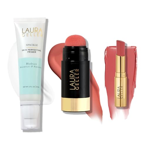 LAURA GELLER NEW YORK Hydration Heroes Kit: Spackle Primer, Hydrate + Jelly Balm Tinted Lip Balm, In the Buff + Serum Blush Cheek Tint (Just Peachy Lip Balm + Poppy Peach Blush)