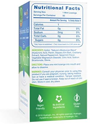 Hyalogic HyaMints Breath Mints for Dry Mouth- Sugar Free Mint Flavor— Natural Breath Freshener w/Hyaluronic Acid, Cranberry Extract, Xylitol, Slippery Elm, Orange Pectin (60 Count)