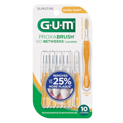 GUM Proxabrush Go-Betweens - Ultra Tight- Interdental Brushes - Soft Bristled Dental Picks for Plaque Removal Health - Safe for Braces & Dental Devices, 10 Count (Pack of 4)