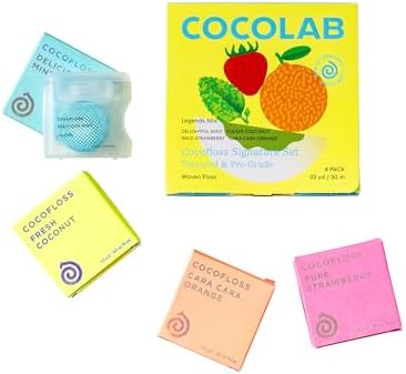 Cocofloss Woven Dental Floss, Dentist-Designed Oral Care, Waxed, Vegan, Kid-Friendly, with Coconut Oil, 4-Pack of Mint, Coconut, Orange, Strawberry (33 yard Each)