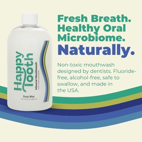 Happy Tooth Hydroxyapatite Mouthwash, Fluoride Free, Teeth Whitening, Remineralizing for Enamel Strength, Fresh Breath, Oral Microbiome Support, Dentist Formulated, Gentle Care, Fresh Mint, 20 Fl Oz