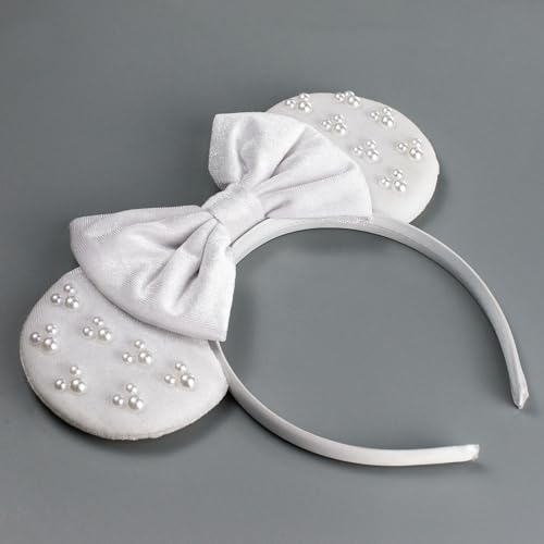 JIAHANG White Velvet Mouse Ears Hair Bow Headband with Pearls, Party Decoration Beadings Headwear for Women Girls(velvet white 04)