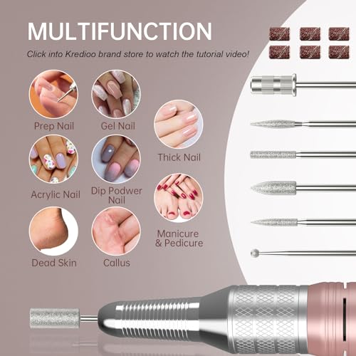 Kredioo Nail Drill, 35000RPM Nail Drills for Acrylic Nails Professional Cordless Electric File Rechargeable Portable Machine 6 Bits Dremel Tools for Women Manicure Pedicure Remove Gel Polish