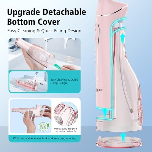 Leominor Water Dental Flosser Pick for Teeth, 300ML Portable Oral Irrigator Upgraded Tank Removable,IPX7 Waterproof, Rechargeable Travel Teeth Cleaner, Professional Electric Flossing (Pink)