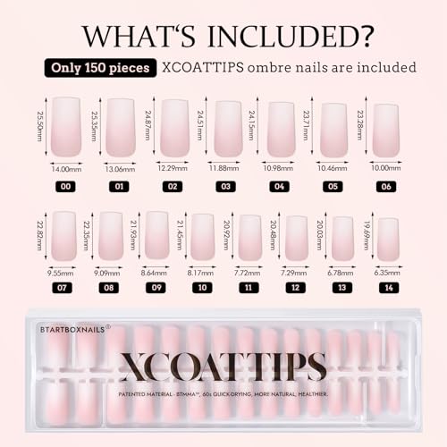 BTArtboxnails XCOATTIPS Ombre Nails - Square Press on Nails Long, 150Pcs Nail Tips Pink White Gradient Soft Gel False Nail Tips Soak Off Fake Nails Extensions DIY 15 Sizes