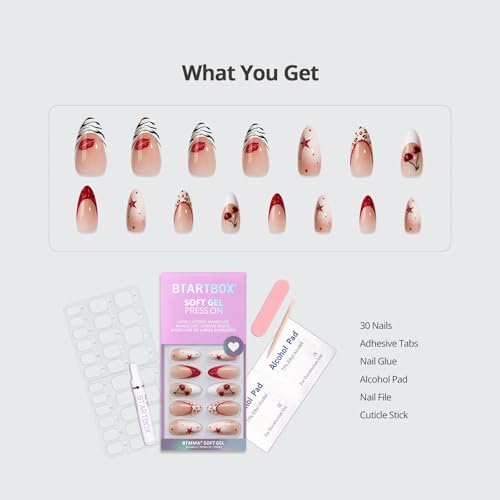 BTArtbox Press On Nails Almond - 3D Cherry Medium Red French Tip Press On Nails with Glue for Women, Opaque Soft Gel Glue On Nails in 15 Sizes - 30 Stick On Nails Kit, Pinky Swear