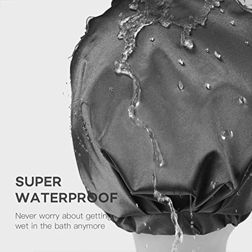 Large Reusable Waterproof Adjustable Shower Cap with Silk Satin Lined Luxury Shower Cap for Long Hair (Black)