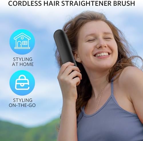 Cordless Hair Straightener Brush – Portable Ionic Hot Comb with 65W Fast Charger, Mini Travel Hair Straightening Brush for Women, Lightweight for On-The-Go Styling (Black)