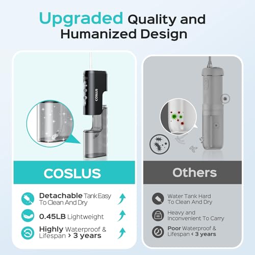 COSLUS Mini Water Flosser for Travel: Portable Compact Design, Cordless Oral Irrigator with 4 Modes, Removable Tank, IPX7 Waterproof for Braces, Orthodontic, Sensitive Teeth On-The-Go Use, Black, T40
