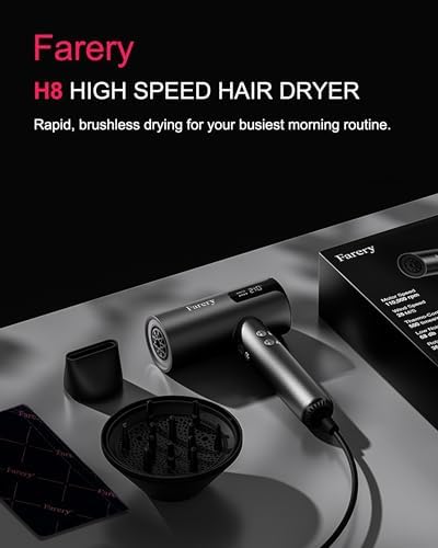 H8 Ionic Hair Dryer with Diffuser – 110,000 RPM for Ultra-Fast Drying, 1400W Powerful Heat, Negative Ion Technology for Frizz Controll, 4 Heat & 4 Speed Settings, Magnetic Nozzle, HD Display
